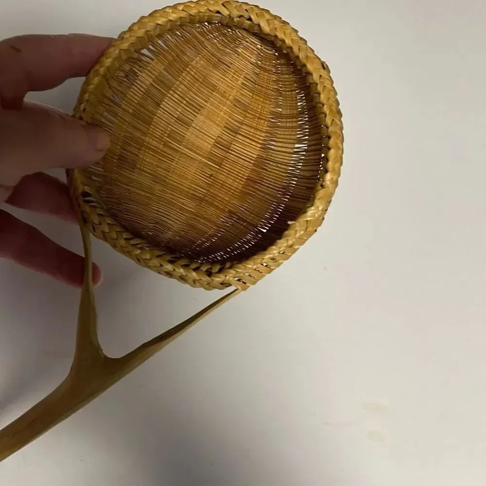 Vintage hand & carved woven bamboo rice strainer or colander.